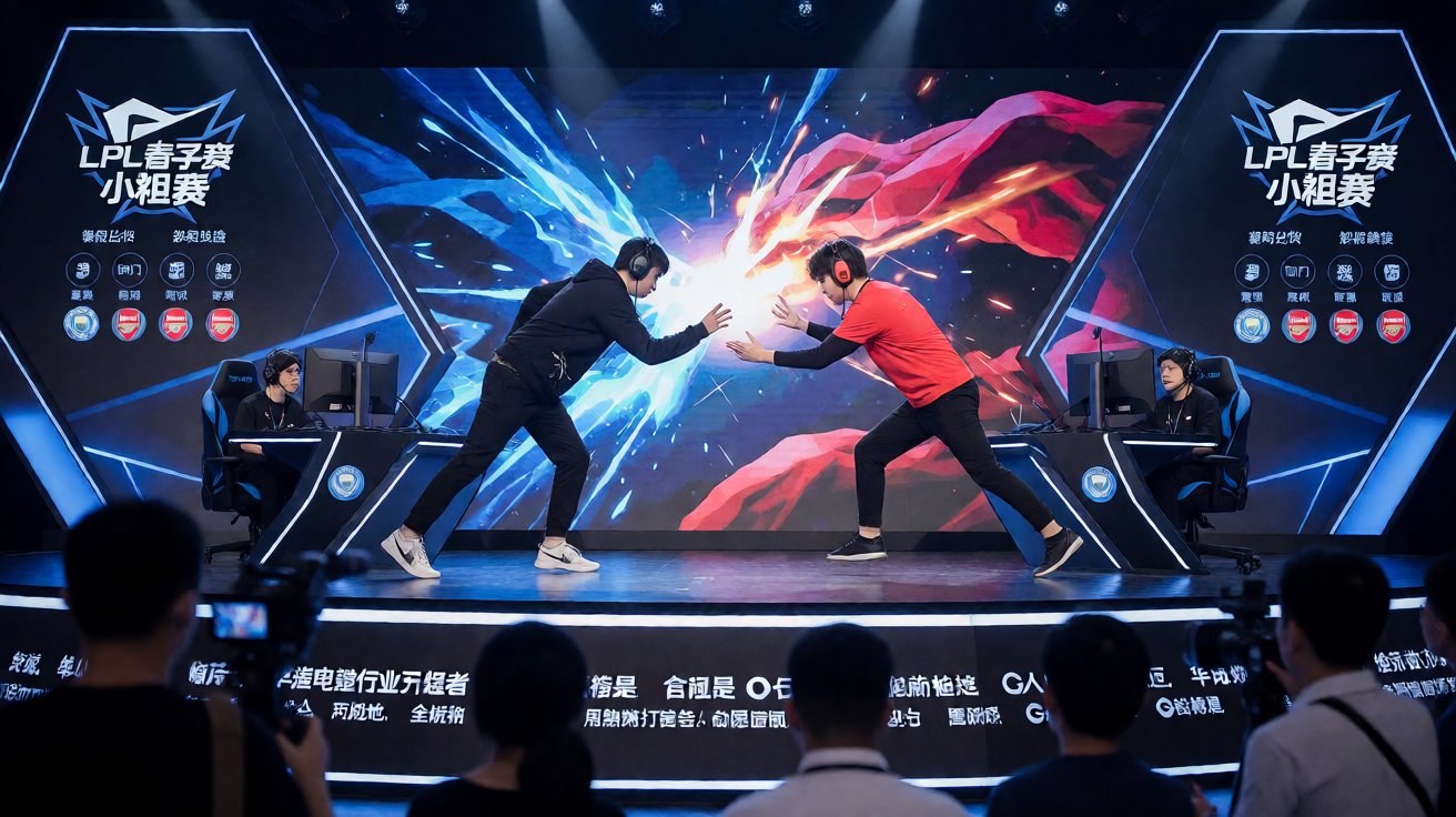 电竞比赛现场，选手在舞台上进行激烈对抗